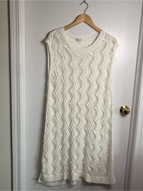 Like Love 1X White Open Knit Sweater Shift Midi Cover-Up Beachy Coastal Boho